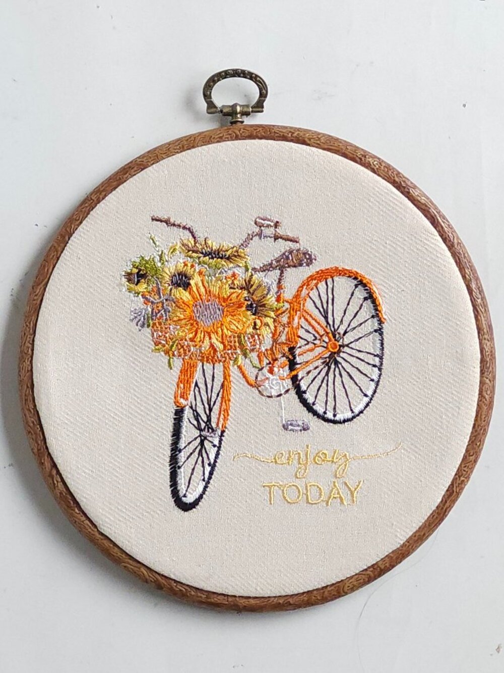 LOVELY BICYCLE HAND EMBROIDERED Wall Hanging Art ORANGE BICYCLE "ENJOY TODAY"